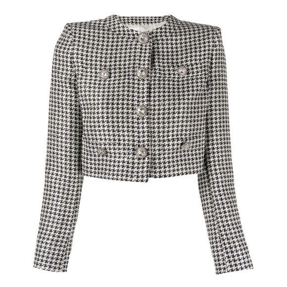 Alessandra Rich Cropped Embellished Sequin Houndstooth Jacket Black & White - Picture 15 of 17